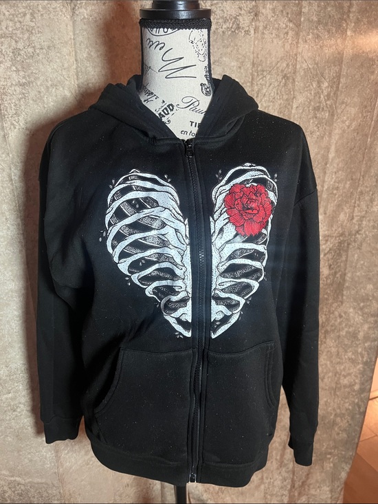 SHEIN Tops - SHEIN Black Zip-Up Hoodie with White Ribcage Heart and Red Rose